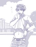  abs male_focus mikawa_(xxcrisp) monochrome navel necktie shirt_lift solo umineko_no_naku_koro_ni ushiromiya_battler watch wristwatch 