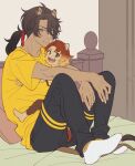  2boys animal_ears bed bedroom brown_eyes brown_hair cheka_kingscholar child commentary_request con_potata dark-skinned_male dark_skin full_body green_eyes hug indoors leona_kingscholar lion_boy lion_ears lion_tail looking_at_viewer low_ponytail male_focus multiple_boys night_raven_college_gym_uniform on_bed orange_hair ponytail scar scar_across_eye scar_on_face sitting tail twisted_wonderland uncle_and_nephew 
