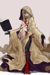  1girl absurdres armor bags_under_eyes blonde_hair book breasts claws commentary_request cracked_skin ekrea_jan expressionless fantasy floating floating_book floating_object full_body highres hood hood_up hooded_robe long_hair looking_at_viewer monster_girl navel original red_eyes robe small_breasts solo spikes 