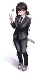  1girl absurdres black_jacket black_necktie black_pants brown_eyes brown_hair chainsaw_man collared_shirt commentary english_commentary grey_shoes heart higashiyama_kobeni highres holding holding_knife jacket knife mole mole_under_eye mole_under_mouth mothdropcrowla necktie pant_suit pants ponytail shirt shoes short_ponytail simple_background solo suit suit_jacket v white_background white_shirt 