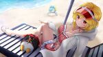  2girls absurdres beach beach_umbrella blonde_hair blue_hair breasts cleavage commentary frills highres hololive hololive_indonesia hood kaela_kovalskia kaela_kovalskia_(holonatsu_paradise) kaela_kovalskia_(penguin) kobo_kanaeru kobo_kanaeru_(holonatsu_paradise) large_breasts looking_at_viewer midriff multiple_girls official_alternate_costume red_eyes red_nails sandals smile umbrella untranslatable_commentary visor_cap zura2822 