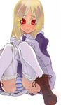  blonde_hair face male_focus original otoko_no_ko panties pantyshot pantyshot_(sitting) red_eyes sitting solo striped striped_panties suikamaru thighhighs underwear white_legwear 