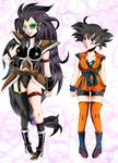  2girls armor black_eyes black_hair blush boots breasts cleavage crest dougi dragon_ball dragonball dragonball_z frown genderswap gi grin hair_ornament hairclip hand_on_hip highres hips large_breasts lipstick long_hair makeup multiple_girls raditz scouter short_hair shorts siblings sisters sleeveless smile son_goku son_gokuu thighhighs very_long_hair 