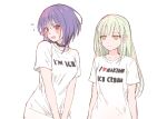 2girls bang_dream! bang_dream!_it's_mygo!!!!! black_choker blush chain's choker clothes_writing commentary english_commentary green_hair hair_ornament hairclip long_hair matching_outfits multiple_girls open_mouth pink_eyes purple_hair shirt short_hair short_sleeves wakaba_mutsumi white_shirt yuri yuutenji_nyamu 