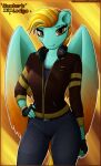  absurd_res anthro bottomwear cheek_tuft clothing denim denim_bottomwear denim_clothing ear_piercing electronics equid equine eyebrow_piercing eyebrow_slit eyebrows facial_piercing facial_tuft feathered_wings feathers female folded_wings friendship_is_magic gloves handwear hasbro headgear headphones headphones_around_neck headset hi_res horse jacket jeans killerqueen1911 leather leather_clothing leather_jacket leather_topwear lightning_dust_(mlp) lip_piercing lip_ring mammal my_little_pony mythological_creature mythological_equine mythology notched_ear pants pegasus piercing pony ring_piercing simple_background solo topwear tuft villainess wings 