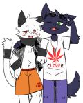 2025 absurd_res anthro arm_tuft belly_tuft biped black_ears blue_bottomwear blue_clothing blush bottomwear canid canine canis cat_tail cheek_tuft chest_tuft clothed clothing digital_drawing_(artwork) digital_media_(artwork) dog_tags dog_tail domestic_cat duo elbow_tuft eyewear eyewear_on_head facial_tuft felid feline felis fur green_eyes grey_body grey_fur hand_on_hip hand_on_shoulder head_tuft hi_res looking_at_viewer male mammal nifram_logan one_eye_closed open_clothing open_mouth open_shirt open_smile open_topwear orange_bottomwear orange_clothing pattern_clothing pattern_topwear pizademokttero plant pose print_clothing print_topwear red_eyes reggie_(lazycatto) ring shirt shorts simple_background smile standing sunglasses sunglasses_on_head topwear tuft wearing_sunglasses white_background white_body white_fur wink wolf