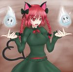  animal_ears braids cat_ears dress fang heart jcdr kaenbyou_rin open_mouth red_eyes red_hair skull touhou 