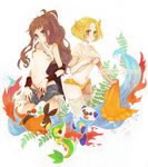  2girls bandage bandages bel_(pokemon) bell_(pokemon) blonde_hair blue_eyes blush breasts brown_hair english flat_chest green_eyes long_hair mijumaru multiple_girls navel open_mouth oshawott panties pokabu pokemon pokemon_(game) pokemon_black_and_white pokemon_bw ponytail shirt_lift short_hair small_breasts snivy tepig thighhighs touko_(pokemon) tsutaaja underboob underwear undressing white_(pokemon) 