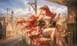  1girl alcohol animal_ears arknights artist_name belly black_bra boots bra cliff cloud cowboy_western floating_hair guitar hat helen_zzhao highres horse_ears horse_girl instrument instrument_request jacket long_hair mountain narantuya_(arknights) navel rainbow red_eyes red_hair road sitting sky solo underwear very_long_hair wanted_poster wooden_house 