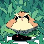  black_eyes closed_mouth frown grass no_humans oddish outdoors pidgey pokemon pokemon_(creature) red_eyes saboteri_(savot) sitting sitting_on_head sitting_on_person talons 