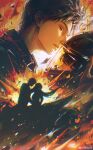  1boy 1girl absurdres backlighting brown_hair chinese_commentary closed_mouth collared_jacket commentary_request couple different_zoom_layer explosion explosion_background faceless faceless_female from_side grey_hair half-closed_eyes helmet helmet_kiss hetero highres jacket long_hair looking_at_another love_and_deepspace motor_vehicle motorcycle motorcycle_helmet nose on_motorcycle parted_bangs red_eyes scarlet09linjiu shadow short_hair silhouette sylus_(love_and_deepspace) sylus_(rainlit_night)_(love_and_deepspace) watermark weibo_username weibo_watermark 