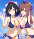  2girls alternate_costume bikini black_bikini black_hair blue_sky blush breasts brown_hair checkered_bikini checkered_clothes cleavage closed_mouth cloud collarbone commentary_request day hat highres himekaidou_hatate kitaura_kasumi large_breasts leaf_print lens_flare long_hair looking_at_viewer maple_leaf_print medium_hair multicolored_bikini multiple_girls navel open_mouth outdoors pointy_ears pom_pom_(clothes) print_bikini purple_bikini purple_eyes purple_hat red_eyes red_hat shameimaru_aya side-tie_bikini_bottom sky smile stomach sweat swimsuit tokin_hat touhou twintails two-tone_bikini waving 