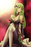  aise1804 breasts c.c. cc code_geass detached_sleeves dress earrings erect_nipples female gradient gradient_background green_hair hair_ornament jewelry legs_crossed long_hair military military_uniform sitting solo uniform yellow_eyes 