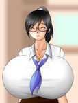  black_hair breasts gigantic_breasts glasses holon necktie ponytail rd real_drive tie 