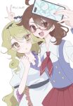  ahoge amami_idora88 ascot blonde_hair cellphone collared_shirt commentary_request highres holding holding_phone medium_hair phone purple_vest red-framed_eyewear red_ascot salute school_uniform selfie semi-rimless_eyewear shirt smartphone touhou two-finger_salute under-rim_eyewear usami_sumireko vest watari_nina white_shirt yellow_eyes 