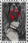  1boy 614emilys colored_veins commentary_request cracked_skin demon_horns english_text evil_grin evil_smile feathered_wings grin highres horns kim_dokja looking_at_viewer looking_back male_focus official_alternate_costume omniscient_reader's_viewpoint partially_shaded_face portrait postage_stamp red_eyes smile solo spot_color wings 