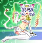  ahoge animal_ears bare_shoulders blue_eyes blush cat_ears cat_tail duel_monster gloves happy lyna midriff open_mouth personification rinyan,_lightsworn_rogue short_hair tail thighhighs white_hair yu-gi-oh! yuu-gi-ou yuu-gi-ou_duel_monsters 