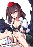  1girl absurdres bird_wings black_bra black_skirt black_wings blush bra brown_hair commentary frilled_skirt frills hat highres looking_at_viewer open_clothes open_shirt pom_pom_(clothes) puffy_short_sleeves puffy_sleeves red_eyes red_hat shameimaru_aya shirt short_sleeves sitting skirt solo tokin_hat touhou underwear white_shirt wings yuuka_(a0240765) 