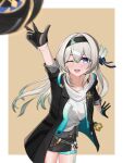  1girl absurdres alternate_costume aqua_hair arm_up black_gloves black_hairband black_jacket black_skirt blue_pupils border bra_strap breasts brown_background commentary_request cosplay cowboy_shot english_commentary firefly_(honkai:_star_rail) gloves gradient_hair grey_hair hair_between_eyes hairband highres honkai:_star_rail honkai_(series) jacket klashikari long_hair looking_at_viewer medium_breasts mixed-language_commentary multicolored_hair one_eye_closed open_mouth outside_border purple_eyes shirt simple_background skirt smile solo stelle_(honkai:_star_rail) stelle_(honkai:_star_rail)_(cosplay) thigh_strap throwing throwing_hat trailblazer's_hat_(honkai:_star_rail) trailblazer_(honkai:_star_rail) white_border white_shirt 