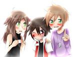  2boys bandage blush brown_hair dark_brown_hair dress girl green_(pokemon) green_eyes leaf_(pokemon) maroon_eyes ookido_green red_(pokemon) scolding scratch tears 