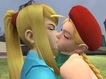  2girls 3d bare_shoulders beret blonde_hair bodysuit braid cammy_white capcom crossover eyes_closed garry&#039;s_mod garry's_mod grass hat hug kiss kissing long_hair metroid nintendo ponytail samus_aran scar skin_tight street_fighter street_fighter_ii twin_braids yuri zero_suit 