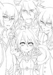  3boys ahoge animal_ears blazblue blush cat_ears greyscale hat hazama jin_kisaragi lambda-11 monochrome multiple_boys ragna_the_bloodedge v yuya_(oshidori) 