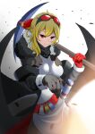  1girl absurdres black_bodysuit black_gloves bodysuit closed_mouth commentary_request dress gloves hammer highres holding holding_hammer holding_pickaxe hololive hololive_indonesia kaela_kovalskia kaela_kovalskia_(1st_costume) kaiyen looking_at_viewer multicolored_gloves pickaxe red_eyes red_gloves short_hair smile solo two-tone_gloves virtual_youtuber white_dress 