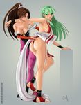  ass breasts brown_hair cosplay costume_switch earrings green_hair jewelry large_breasts legs morrigan_aensland multiple_girls pantyhose shiranui_mai sweat the_king_of_fighters vampire_(game) zabzarock 