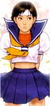  blue_sailor_collar brown_eyes brown_hair headband kasugano_sakura mori_toshiaki neckerchief sailor_collar school_uniform serafuku short_hair skirt solo street_fighter street_fighter_zero_(series) 