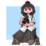  1girl black_hair blush breasts brown_pantyhose brown_skirt camera camera_around_neck collared_shirt commentary_request hat highres kasuya_baian large_breasts looking_at_viewer necktie open_mouth pantyhose partial_commentary pleated_skirt red_eyes red_hat red_necktie shameimaru_aya shirt skirt smile solo tokin_hat touhou white_shirt 