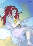  1girl barefoot belt blush bow bowtie closed_eyes closed_mouth commentary_request dress hairband highres hugging_object long_hair love_live! love_live!_school_idol_project nishikino_maki partial_commentary pillow purple_dress red_hair signature sleeping sleeveless sleeveless_dress solo sunlight surfacedxxc trophy white_belt white_bow white_bowtie white_hairband 