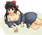  bad_id bad_pixiv_id bare_shoulders black_hair blush bow breasts brown_eyes cleavage hair_bow hakurei_reimu japanese_clothes koraku_gekki lying medium_breasts off_shoulder on_side smile solo touhou 