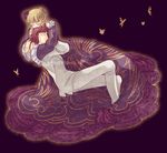  1girl beatrice black_background black_dress blonde_hair brown_hair bug butterfly closed_eyes comforting dress formal hug insect mikawa_(xxcrisp) short_hair suit umineko_no_naku_koro_ni ushiromiya_battler 