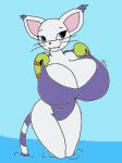  big_breasts blue_eyes breasts clothing digimon digimon_(species) female gatomon gloves purple_swimsuit solo standing_in_water unknown_artist 