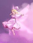  1girl :d barefoot blonde_hair blush cherry_blossom_print commentary_request dress fairy fairy_wings floating_hat floral_print full_body hat light_particles lily_white long_hair long_sleeves open_mouth petticoat pink_dress pink_hat profile purple_background purple_sash rangycrow sash sidelocks smile solo touhou wings |_| 