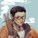  1boy black_hair bomber_jacket cigarette disco_elysium expressionless facial_hair gloves highres holding holding_cigarette jacket kim_kitsuragi laglag101 looking_at_viewer male_focus mustache orange_gloves orange_jacket round_eyewear shirt short_hair smoke smoke_trail smoking solo v white_shirt 