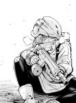  1girl absurdres backpack bag breath claw_mark greyscale gun helmet highres jacket kato_takuji leggings long_sleeves looking_at_viewer monochrome original pet_robot_hunter_(kato_takuji) rifle robot simple_background sitting sweatdrop trembling weapon white_background 