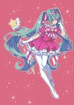  1girl aqua_eyes aqua_hair blue_eyes blush bow bow_hairband bowtie commentary_request dress elbow_blush full_body gloves hair_between_eyes hair_intakes hair_ornament hair_ribbon hairband hatsune_miku highres ima_sugu_rinne_(vocaloid) long_hair mage_staff multicolored_eyes okonogi_aya outline pink_bow pink_dress pink_eyes pink_ribbon puffy_short_sleeves puffy_sleeves red_background ribbon short_sleeves sidelocks smile solo sparkle_background sparkle_hair_ornament staff star-shaped_pupils star_(symbol) star_wand striped_ribbon symbol-shaped_pupils thigh_gap twintails two-tone_eyes very_long_hair vocaloid white_gloves white_outline 