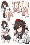  1girl :p absurdres barefoot black_bow black_bowtie blush bow bowtie breasts breasts_apart brown_hair closed_mouth collared_shirt commentary frilled_skirt frills grin hat highres holding_own_skirt large_breasts looking_at_viewer multiple_views pom_pom_(clothes) red_eyes red_hat shameimaru_aya shirt short_sleeves skirt smile soles sweat tied_shirt toes tokin_hat tongue tongue_out touhou undone_bowtie white_shirt yuuka_(a0240765) 