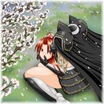  armor cape cherry_blossom cherry_blossoms dullahan headless lowres monster_girl red_eyes red_hair sitting smile 