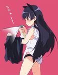  animal_ears annoyed black_hair blouse blush bottle cat_ears gokou_ruri kitano_yuusuke long_hair mole mole_under_eye no_pants ore_no_imouto_ga_konna_ni_kawaii_wake_ga_nai panties profile red_eyes simple_background solo spray_bottle standing underwear 