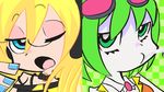  2girls blonde_hair blue_eyes female green_eyes green_hair gumi lily_(vocaloid) long_hair lowres multiple_girls nail_polish open_mouth panty_&amp;_stocking_with_garterbelt parody short_hair style_parody vocaloid wink 