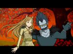  1girl animal_ears apple brown_hair crossover death_note food fruit highres holo horo long_hair meme outdoors outside_border outside_of_border ryuk shinigami spice_and_wolf sunset tree vector vector_trace wallpaper wolf_ears 