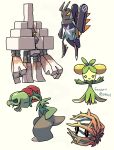  bramblin commentary_request dolliv full_body garganacl highres lokix no_humans open_mouth outstretched_arms pokemon pokemon_(creature) saboteri_(savot) scovillain simple_background spread_arms standing white_background yellow_eyes 