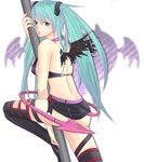  aqua_hair bad_id bad_pixiv_id demon_tail green_eyes hatsune_miku highres long_hair miniskirt pole simple_background skirt solo sweet_devil_(vocaloid) tail thighhighs twintails vocaloid wings 