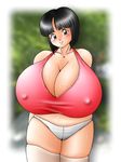  black_hair breasts chubby cleavage gigantic_breasts nipples plump rd shorts sweat thick_thighs thighhighs thighs 