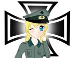  blonde_hair blue_eyes blush braid braids iron_cross krautmarie military military_uniform officer smile uniform wink 