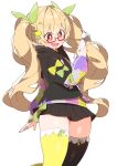  1girl :d absurdres black_hoodie black_skirt blonde_hair blush bow bright_pupils brown_thighhighs commentary_request cowboy_shot fang food-themed_hair_ornament frilled_thighhighs frills green_bow guzuria_(vtuber) hair_between_eyes hair_ornament hairclip hand_up highres holding hood hoodie indie_virtual_youtuber lemon_hair_ornament long_hair long_sleeves looking_at_object miniskirt mismatched_thighhighs multi-source_commentary no_nose open_mouth pleated_skirt print_sweater puzzle_piece_print raised_eyebrows red-framed_eyewear red_eyes semi-rimless_eyewear short_sleeves simple_background skin_fang skirt smile solo sweater thighhighs thighs transparent_background twintails uruti_2388 very_long_hair virtual_youtuber white_pupils yellow_bow yellow_thighhighs zettai_ryouiki 