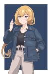  1girl belt black_belt black_shirt blonde_hair blue_background blue_jacket brown_eyes commentary_request cowboy_shot grey_pants hand_in_pocket highres jacket kantai_collection low_ponytail official_alternate_costume pairu_(pile_drvx86) pants ponytail shirt smile solo standing valiant_(kancolle) valiant_(lawson)_(kancolle) 