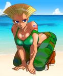  american_flag bad_id bad_pixiv_id bare_shoulders beach bent_over blonde_hair blue_eyes boots breasts camouflage camouflage_pants capcom_fighting_jam cleavage day dog_tags frown genderswap genderswap_(mtf) guile large_breasts marimo_(yousei_ranbu) midnight_bliss ocean off_shoulder outdoors pants short_hair solo street_fighter tank_top tattoo water 